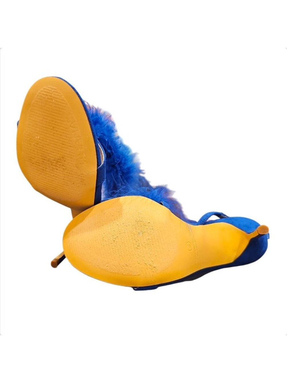 Blue Feathered Open-Toe Stiletto Heels With Side Straps & Faux Suede Finish - Picture 7 of 7